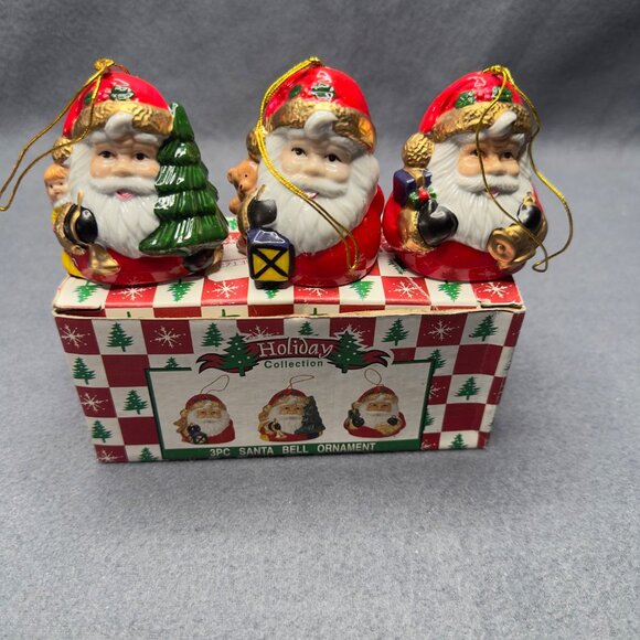 Vintage 3Pc Holiday Collection Santa Bell Ornaments Box Christmas Tree Lantern - Picture 2 of 6